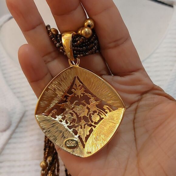 π΅Joan Rivers Gorgeous Bead Necklace Tiger's Eye Birds Flower Filigree Pendant - Picture 6 of 7